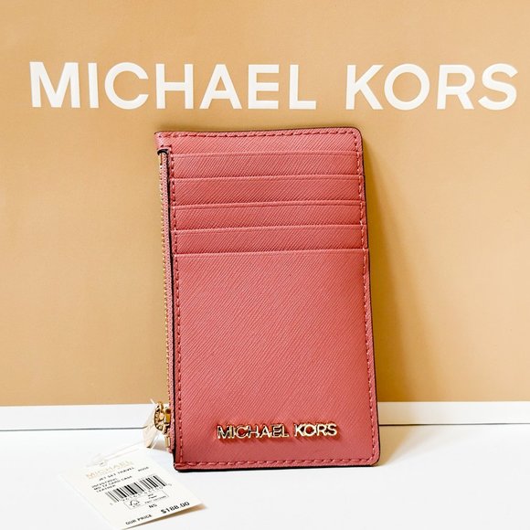 Michael Kors Jet Set Travel Top Zip Card Case Wallet Rose - Picture 1 of 9